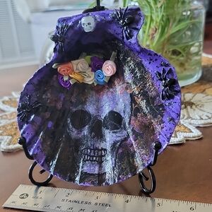Spirited Purple Skull Art Sea Shell. Embellished with Flower, Spiders & Skull.